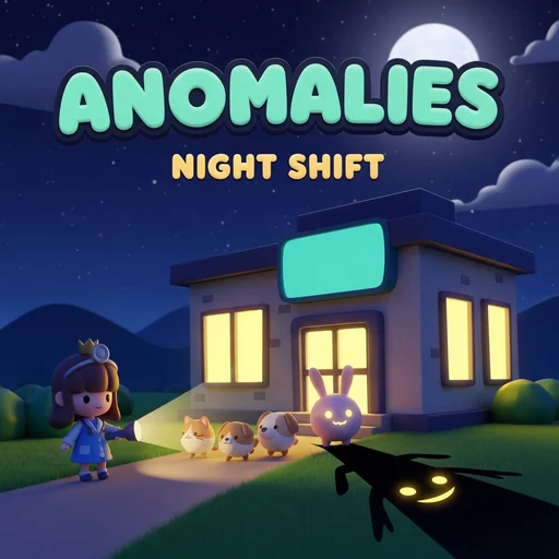A doctor with a flashlight outside the animal hospital at night, one animal's shadow grinning with glowing eyes