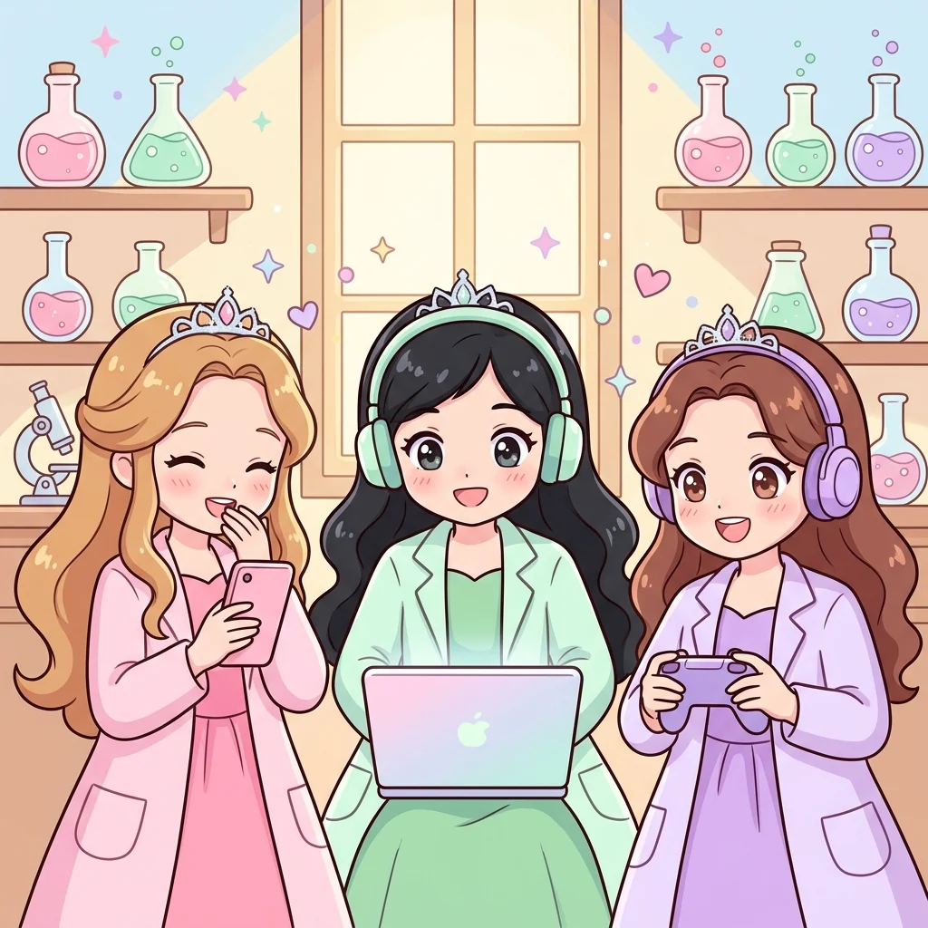 Pink, green, and purple princesses in lab coats testing games in a science laboratory